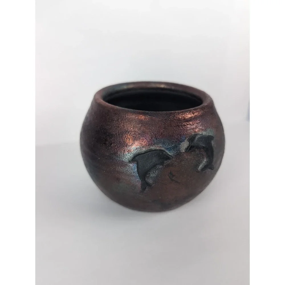 Raku Pottery Iridescent Vase W/ Dolphins, Artist Signed CAM  2.5